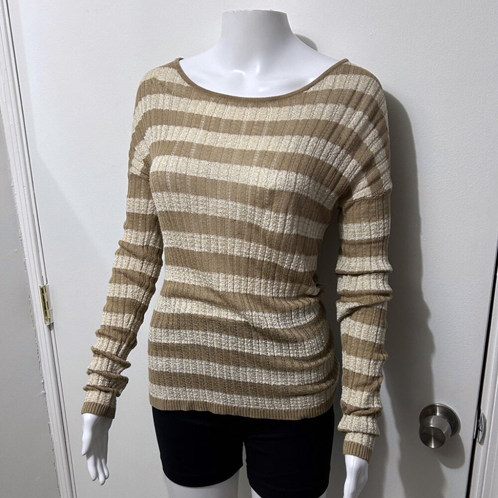 Striped Sweater, Tan and Beige with Gold Flecks Throughout, Stretchy, Size M